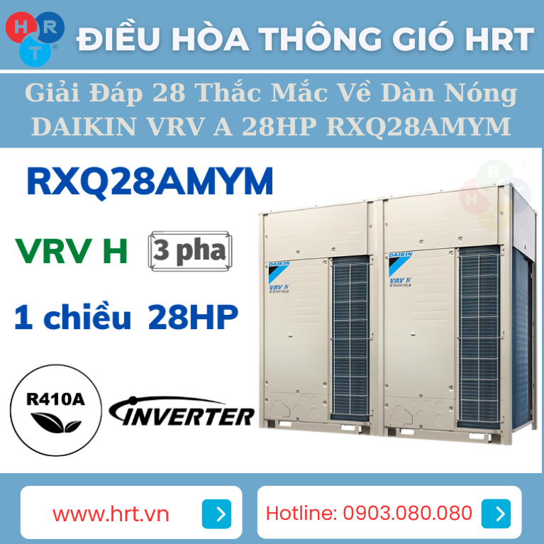 D&agrave;n N&oacute;ng DAIKIN VRV A 28HP RXQ28AMYM l&agrave; một sản phẩm c&ocirc;ng nghệ cao trong lĩnh vực điều h&ograve;a kh&ocirc;ng kh&iacute; v&agrave; l&agrave;m lạnh. Dưới đ&acirc;y l&agrave; một số ưu điểm, nhược điểm v&agrave; ứng dụng của sản phẩm n&agrave;y:  Ưu điểm:  C&ocirc;ng Nghệ Daikin: Sản phẩm sử dụng c&ocirc;ng nghệ của Daikin, một trong những t&ecirc;n tuổi uy t&iacute;n v&agrave; nổi tiếng trong ng&agrave;nh c&ocirc;ng nghiệp HVAC, đảm bảo hiệu suất v&agrave; độ tin cậy cao.  C&ocirc;ng Suất Lạnh Lớn: Với c&ocirc;ng suất lạnh l&ecirc;n đến 28HP (khoảng 78.5KW), sản phẩm n&agrave;y c&oacute; khả năng l&agrave;m lạnh cho c&aacute;c kh&ocirc;ng gian lớn v&agrave; y&ecirc;u cầu cung cấp nhiệt độ ổn định.  Tiết Kiệm Năng Lượng: Sản phẩm được trang bị c&ocirc;ng nghệ Inverter, gi&uacute;p tiết kiệm năng lượng bằng c&aacute;ch điều chỉnh c&ocirc;ng suất l&agrave;m lạnh theo nhu cầu thực tế, l&agrave;m giảm hao ph&iacute; điện năng.  T&iacute;nh Linh Hoạt: D&agrave;n n&oacute;ng c&oacute; khả năng kết nối với nhiều d&agrave;n lạnh (tối đa 45 hoặc 56), cho ph&eacute;p bạn điều h&ograve;a kh&ocirc;ng kh&iacute; cho nhiều kh&ocirc;ng gian kh&aacute;c nhau từ c&ugrave;ng một đơn vị.  Tương Th&iacute;ch Nhiều M&ocirc;i Chất L&agrave;m Lạnh: Sản phẩm sử dụng m&ocirc;i chất l&agrave;m lạnh R410A, một m&ocirc;i chất phổ biến v&agrave; an to&agrave;n.  Bảo H&agrave;nh D&agrave;i Hạn: Sản phẩm được bảo h&agrave;nh l&ecirc;n đến 5 năm cho m&aacute;y n&eacute;n, đảm bảo sự y&ecirc;n t&acirc;m về sự bền bỉ v&agrave; độ tin cậy của sản phẩm.  Nhược điểm:  Gi&aacute; Cả: Sản phẩm c&oacute; c&ocirc;ng suất lớn v&agrave; t&iacute;nh năng cao cấp, do đ&oacute;, gi&aacute; th&agrave;nh của n&oacute; c&oacute; thể kh&aacute; cao đối với c&aacute;c ứng dụng nhỏ hơn hoặc ng&acirc;n s&aacute;ch hạn chế.  K&iacute;ch Thước Lớn: D&agrave;n n&oacute;ng 28HP c&oacute; k&iacute;ch thước lớn v&agrave; trọng lượng nặng, y&ecirc;u cầu kh&ocirc;ng gian v&agrave; cơ sở cứng để lắp đặt.  Ứng Dụng:  Sản phẩm D&agrave;n N&oacute;ng DAIKIN VRV A 28HP RXQ28AMYM thường được sử dụng trong c&aacute;c ứng dụng v&agrave; m&ocirc;i trường sau:  Kh&aacute;ch Sạn v&agrave; Khu Nghỉ Dưỡng: Cung cấp l&agrave;m lạnh v&agrave; điều h&ograve;a kh&ocirc;ng kh&iacute; cho c&aacute;c khu vực lớn như h&agrave;nh lang, ph&ograve;ng kh&aacute;ch sạn v&agrave; nh&agrave; h&agrave;ng.  C&ocirc;ng Tr&igrave;nh Thương Mại Lớn: Sử dụng trong c&aacute;c t&ograve;a nh&agrave; văn ph&ograve;ng, trung t&acirc;m thương mại, si&ecirc;u thị v&agrave; c&aacute;c dự &aacute;n thương mại lớn kh&aacute;c.  Cơ Sở Y Tế: Đảm bảo điều h&ograve;a kh&ocirc;ng kh&iacute; ch&iacute;nh x&aacute;c v&agrave; hiệu quả trong c&aacute;c bệnh viện v&agrave; ph&ograve;ng mổ.  Kh&ocirc;ng Gian C&ocirc;ng Nghiệp: Sử dụng để l&agrave;m lạnh trong c&aacute;c nh&agrave; m&aacute;y v&agrave; những m&ocirc;i trường c&ocirc;ng nghiệp kh&aacute;c.  C&aacute;c Dự &Aacute;n X&acirc;y Dựng Lớn: Sản phẩm n&agrave;y th&iacute;ch hợp cho c&aacute;c dự &aacute;n x&acirc;y dựng c&oacute; quy m&ocirc; lớn như t&ograve;a nh&agrave; cao tầng v&agrave; trung t&acirc;m thương mại.  T&oacute;m lại, D&agrave;n N&oacute;ng DAIKIN VRV A 28HP RXQ28AMYM l&agrave; một sản phẩm điều h&ograve;a kh&ocirc;ng kh&iacute; v&agrave; l&agrave;m lạnh mạnh mẽ v&agrave; hiệu quả, th&iacute;ch hợp cho c&aacute;c ứng dụng thương mại v&agrave; c&ocirc;ng nghiệp c&oacute; quy m&ocirc; lớn. Tuy nhi&ecirc;n, điều n&agrave;y đi k&egrave;m với một gi&aacute; th&agrave;nh v&agrave; k&iacute;ch thước lớn, do đ&oacute;, cần xem x&eacute;t cẩn thận trước khi lựa chọn cho một dự &aacute;n cụ thể.